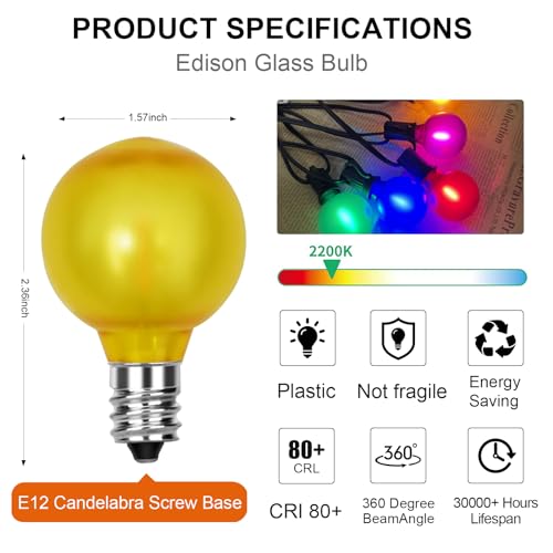 Image of GOOTHY 25 Pack G40 Frosted Multicolor LED String Light Bulbs, E12 /C7 Candelabra Base Christmas Globe Replacement Bulbs for Indoor Outdoor, 0.6W Shatterproof LED Night Light Bulbs