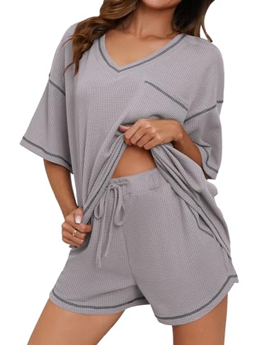 Image of Womens Pajama Sets Waffle Knit 2 Piece Short Lounge Set Cute Sleep Loungewear Pjs Set Short Sleeve Top and Shorts