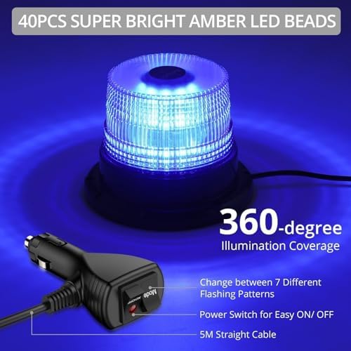 Justech 40LED Blue Strobe Beacon Light, Magnetic IP65 Waterproof Warning Flashing Emergency Light with 7 Flash Patterns for 12/24V Trucks Construction Vehicles Tractors Security and Postal Services