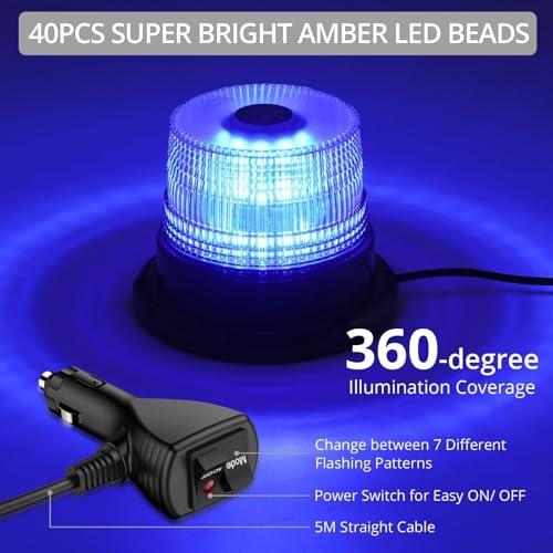 Justech 40LED Blue Strobe Beacon Light, Magnetic IP65 Waterproof Warning Flashing Emergency Light with 7 Flash Patterns for 12/24V Trucks Construction Vehicles Tractors Security and Postal Services