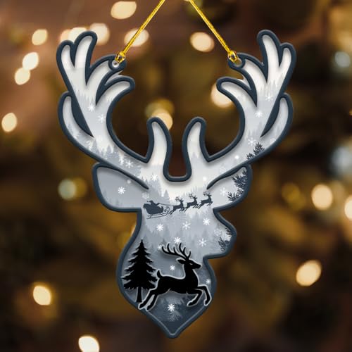 Reindeer Ornaments with Double Layers Acrylic and Wood, Unique Woodland Reindeer Christmas Ornaments, Ready to Hang Cord, Cheerful Gift for Animal Lovers, Holiday Christmas Tree Decoration