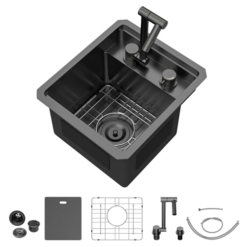 Image of Talllor RV Kitchen Sink - 13 x 15 Inch Undermount Gunmetal Black Bar Sink, Workstation 16 Gauge T-304 Stainless Steel Single Bowl Wet Prep Sinks for RV, Bar, and Boat with Dust-proof Cover #TLRV-0006