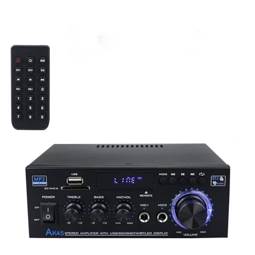Audio Stereo Amplifiers, 2.0 Channel Speaker Bluetooth Amplifier for Karaoke and Speakers FM Radio with USB/2 MIC/SD/MMC/FM Inputs & LCD Display & Remote Control, Suitable for Home/Car Speaker