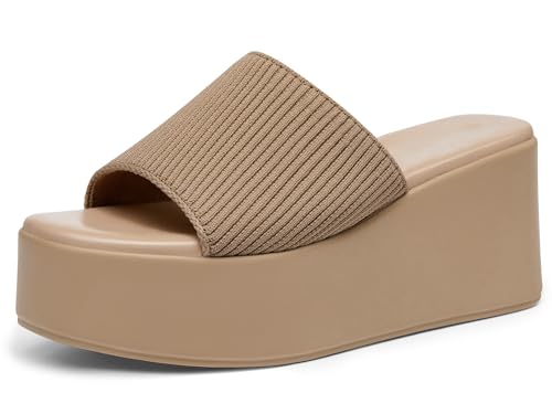 Image of Coutgo Womens Platform Slides Sandals Square Open Toe Slip On Elastic Band Casual Lightweight Wedge Shoes