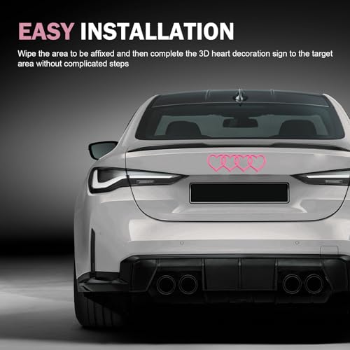 Image of 3D Love Heart Logo Rear Trunk Emblem, Self-Adhesive Car Badge Decal Sticker, Fashion Love Four Ring Audi Logo Emblem Modified, Car Exterior Decoration for Audi A3 4 5 6 8 Q3 5 7 (Pink)