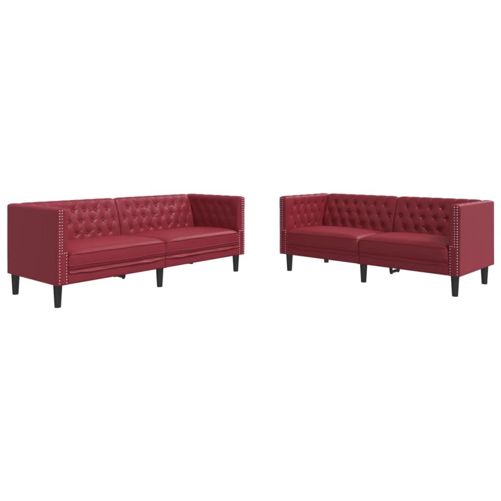 Todiikf 2-TLG. Chesterfield Sofa Set Weinrot Kunstleder Polstergarnitur | Stilvolle Sofagarnitur fürs Wohnzimmer mit dicker Schaumstoffpolsterung, eleganter Knopftuftung und robusten Beinen.