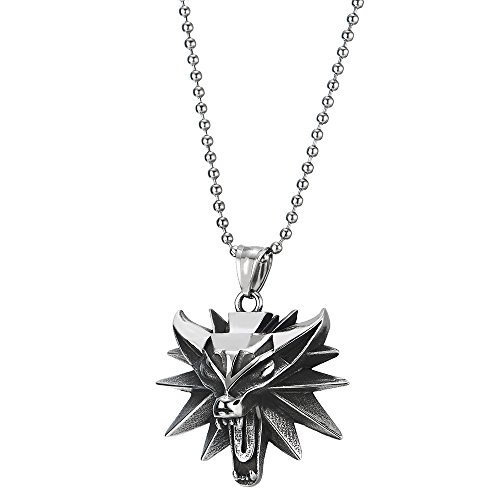 COOLSTEELANDBEYOND Mens Women Vintage Steel Roaring Fox Head Pendant Necklace, 30 inches Ball Chain, Punk Rock2