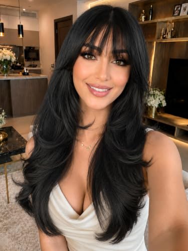 Eawwii Black Wig with Bangs, 26 Inch Synthetic, 4x4 Realistic Scalp