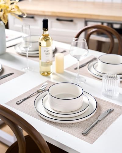 Image of Famiware Porcelain Dinnerware Set, 12-Piece Modern Plate and Bowl Set, Dish Set for 4, Microwave and Dishwasher Safe Tableware, White with Blue Trim