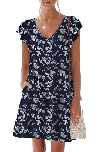 Image of nclook Womens Summer Casual Dresses Sweet Cute V Neck Mini Dress with Pockets Ruffle Short Sleeve