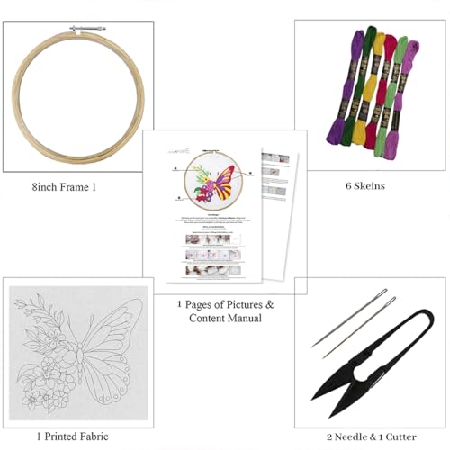 Image of picknMAKE Cross Stitch Embroidery Kit For Beginners & Adult, Featuring A Butterfly With One Side Floral Wings, Printed Fabric, Instructions Papers, Threads & Needles All Materials Included,Multicolor