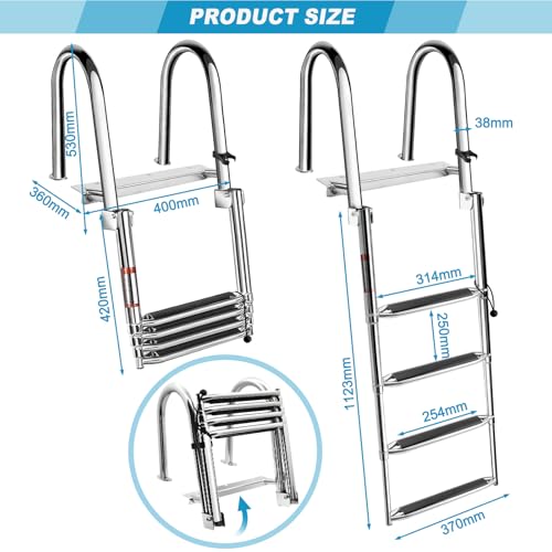4 Step Heavy Duty Pontoon Boat Ladder, 316 Stainless Steel Folding Telescoping Rear Entry Inboard Ladder, Dock Ladder,Swim Deck Ladder with Extra Wide Non-Slip Steps & Secure Handrails,600lbs Capacity by Liwogi - Image 9