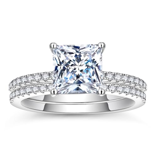 WES Princess Cut Moissanite Engagement Ring - Total 1.3CT-2.3CT D Color VVS1 Square Bridal Ring Sets 925 Sterling Silver Moissanite Engagement Rings Wedding Promise Rings for Women, Size 5-10 - Main Image