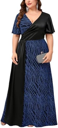 Plus Size Sparkly Formal Dress Satin Splice Glitter V-Neck Wrap R...
