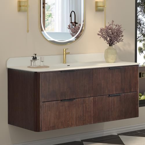 SHINEUX 48 Inch Floating Bathroom Vanity with Sink, Wall-Mounted Solid Wood Bathroom, Safety Rounded Design, Soft-Close Drawers, Durable Multi-Layer Finish, Walnut