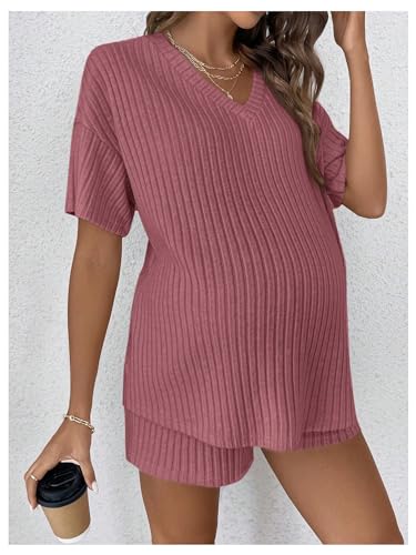 MakeMeChic Women's Maternity Pajamas Lounge Sets 2 Piece Outfits Short Sleeve Rib Knit Tops and Shorts Sets Pregnancy Clothes4