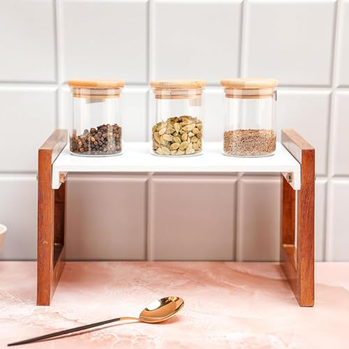 Image of 2-Tier Wooden Countertop Organizer Shelf for Kitchen Counter | Multipurpose Storage Rack for Spice Jars, Oil Bottles, Seasonings & Condiments | Desktop Display Shelf for Bathroom,