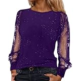 QJDFLL Silvester Outfit Damen: Glitzer Oberteile Pailletten Top mit V-Ausschnitt Damenshirt Glamour Glitzeroberteil Blusenshirt Elegant Festliche Blusen Tunika Rave(Dark Lila,M)