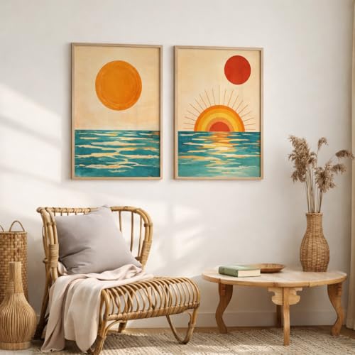 Image of TheMakerly Set of 2 Sunset Ocean Framed Wall Painting for Living Room | Modern Abstract Sun Wall Art | Aesthetic Coastal Sea Wall Decor Frames for Bedroom, Hall & Office