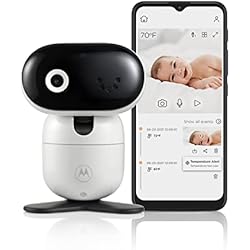 Motorola Nursery PIP1010 CON Baby Monitor con cámara pan-tilt zoom, visión nocturna y App, 1080p, Sólo movimiento, montaje en pared, temperatura ambiente, comunicación bidireccional y nanas, blanco