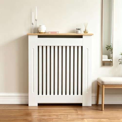 FATIVO Cubre Radiadores Alta Blanca Moderna: 78x20x92.5cm Cubre Radiador de MDF con Estante Superior de Madera, Cubreradiador Reforzada y Duradera para el Hogar u Oficina(Vertical)