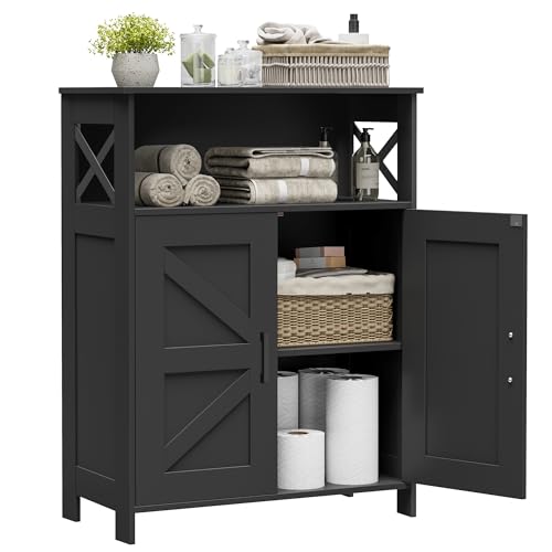 Homhedy Farmhouse Bathroom Storage Cabinet with 2 Doors, Toilet Paper Cabinet with Adjustable Shelves, Small Bathroom Cabinet for Kitchen/Laundry/Living Room, 11.8 x 23.6 x 31.5 Inches, Black