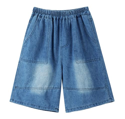 Maeau Boys Denim Shorts Kids Baggy Jeans Straight Elastic Waist Pants Knee Length Summer Trousers 14-15 Yeras Deep Blue