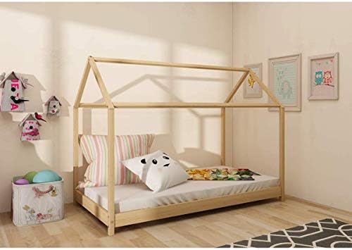 Panana Wooden Kids House Bed Frame, Solid Pine WoodTreehouse Style Childrens Floor Bed Frame for Toddlers and Children (Wood)