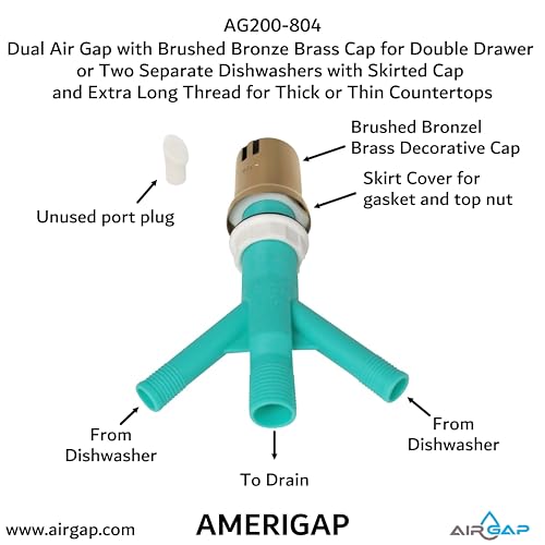Image of Dual Air Gap with Brushed Bronze Brass Cap for Double Drawer or Two Separate Dishwashers with Skirted Cap and Extra Long Thread for Thick or Thin Countertops (AG200-804, AG200-X04, AMERIGAP)