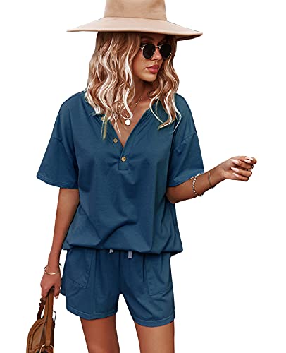 CORSKI Women's Casual 2 Piece Sport Outfits Short Sleeve T-Shirt Loose Fit Pants Joggers Tracksuit Set Loungewear Peacock Blue L - Thumbnail 4