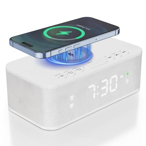 Image of Digital Alarm Clock White Noise, Loud Digital Alarm Clocks Bedrooms, Alarm Clock Speaker Wireless Charger AUX USB Bluetooth Speaker 12 /24H Dual Alarm Snooze Adjustable Brightness, White