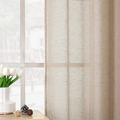 Boho Curtains With Bordered, Grommet Thick Linen Curtains Semi Sheer Drapes Light Filtering Privacy Window Treatments Curtains Farmhouse Curtain Panels For Living Room(52 X 72 Inch, Caramel,2 Panels) #TOP7