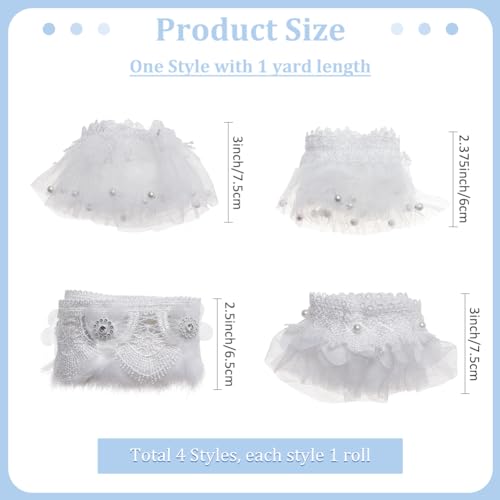 MAYJOYDIY 3.66m 4 Styles White Ruffles Lace Trim with Beads Pleated Embroidery Ribbons Pearl Tulle Fabric Trim for DIY Craft Sewing Curtains Clothing Wedding Dress - Image 2