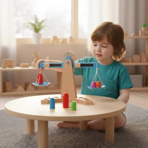 Menolana Children Balance Scale Classroom Balance Scale Toy with Beechwood Frame Trays Weight Blocks Slot Storage Smooth Non Paint Suitable for Group Lessons Early Math Practice Educational Play - Image 4