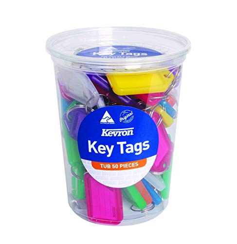 Image of Kevron 56x30mm Assorted Colour Key Tags with Labels Pack of 50 for Identification, Security, Luggage, Pet Names, Memory Sticks, Home & Office