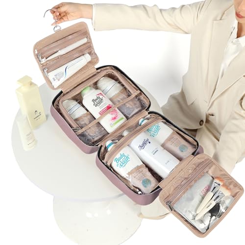 Image of NISHEL Travel Toiletry Bag for women, Portable Hanging Organizer for Family-Sized Shampoo, Conditioner, Brushes Set, Makeup Accessories, Extra Large Size, Peach Pink