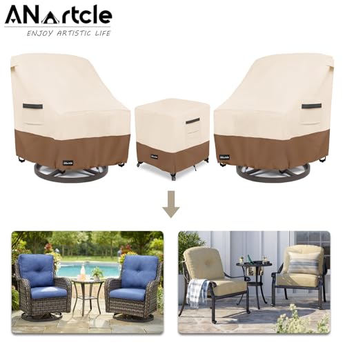 Image of ANartcle 3 Pieces Patio Bistro Sets Cover,600D Waterproof Heavy Duty Patio Furniture Covers,Includes 2 Outdoor Swivel Chair Covers and 1 Patio Wicker Side Table Cover(Beige&brown)