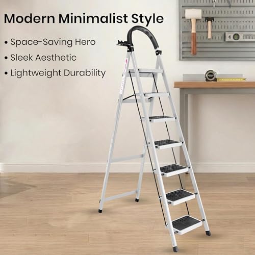 Image of Casa Copenhagen White 7 Step Ladder for Home Use with Built-in Tool Tray | Heavy Duty D Shape Rods | Ultra Large Platform | Wide Rubber Feet | 150Kg Capacity Foldable Ladder - 7 Years Warranty