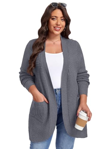 Image of LARACE Long Cardigans for Women Plus Size Tops Open Front Sweaters with Pockets Waffle Ribbed Sleeve Loose Fall Outwear