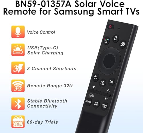 Image of Solar Rechargeable Remote Control Replacement for Samsung Smart TVs BN59-01357A Neo QLED Frame Smart 4K 8K Ultra HD TV, Voice Function, USB-C Charging