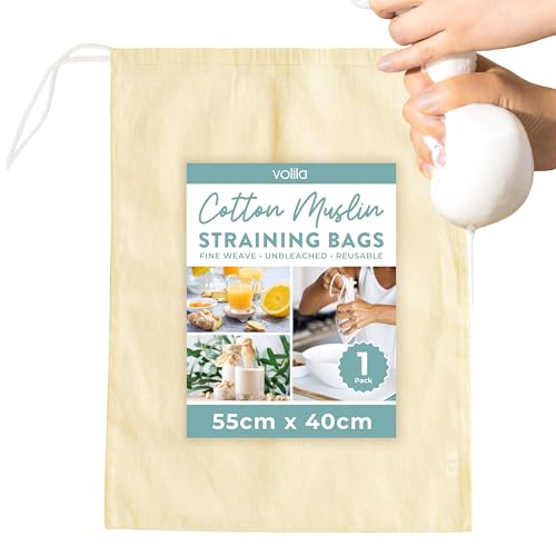 volila Cheese Cloth, Peneira de Tecido - 1 Embalagem (55 x 40cm) Coador de Tecido de Algodão Sem Branquear com Cordão - Sacos de Malha Fina Laváveis para Coar Sumo, Leite, Vinho e Iogurte