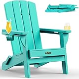 SUUNYN Folding Adirondack Chair, HDPE All-Weather Fire Pit Chairs, Plastic Adirondack Chairs with 2 Cup Holder, Outdoor Lawn Chair for Patio Garden (Lake Blue)