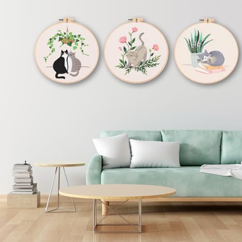 Image of Ohcol 3 Sets Cat Embroidery Kit,Needlepoint Kits for Adults Beginner,Needle Point Sets with Washable Pre-Printed Pattern,1 Hoop,Women Hand Crafts