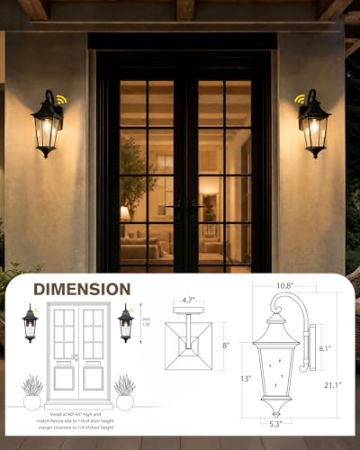 Image of Beionxii 21Inch Outdoor Wall Light, Dusk to Dawn Large Outdoor Wall Lantern | Porch Lantern,Black Front Door Wall Lighting,Cast Aluminum w /Clear Glass for Coastal Pillars Paths Porch,120V, BX-OD02-WL-21S