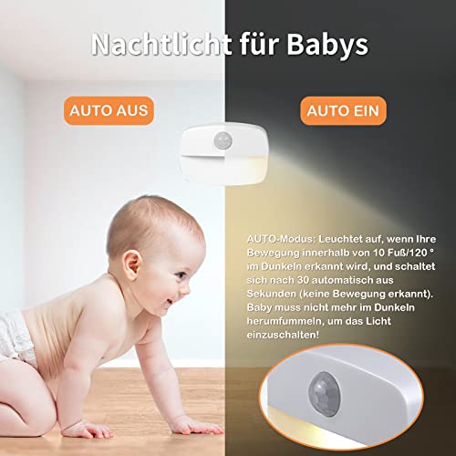 AmmToo LED Nachtlicht mit Bewegungsmelder, 4 Stück kinder Bewegungslicht mit Batterie, Indoor Treppenbeleuchtung,Auto EIN/AUS Sensor Licht Für Flur, Bad, Schlafzimmer,Orientierungslicht,Warmes Weiß