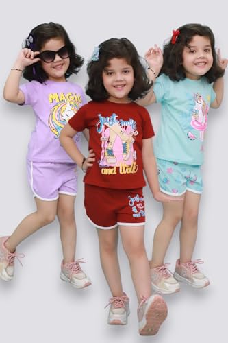 Image of Chandrika Kids Cotton Coordinated Set Pack of 3 half Sleeve And sleeveless T-Shirts & Shorts and skirt Baby Girls Summer Dress Combo