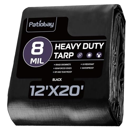 Patiobay Tarp 12x20 Feet 8 Mil Large Waterproof Tarps Heavy Duty with Grommets Every 23.6 Thick Plastic Tarp UV Resistant Tear&Fade Resistant Reinforced Edges for Outdoor Pool Camp Tent