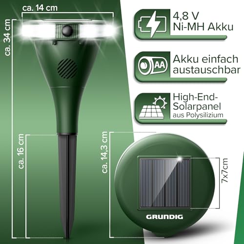 GRUNDIG perfekte Ultraschall Abwehr gegen Katzen und Hunde im Garten - 360 Grad Katzenschreck Hundeschreck Bewegungsmelder mit 8 Blitzlichtern, 2 Frequenzbändern, Solar, Akku, IP44 wasserdicht (Grün)