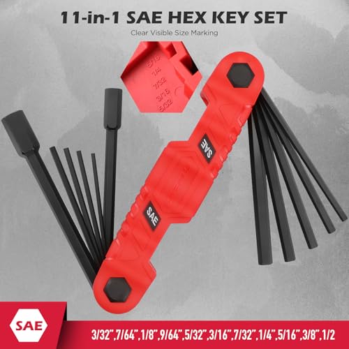11-Piece Large Folding Hex Key Set SAE (3/32"-1/2"), Heavy Duty Allen Wrench Set, Portable Tool for Archery, Bike Repair, Furniture, and Basic Home Maintenance (Red)