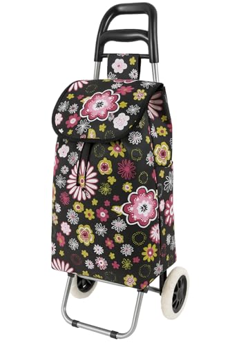 Floral Shopping Trolley Bag on Wheels with Side Pockets & Zip Pocket | Foldable Lightweight Grocery Cart 50x35x20cm | Reusable Market Laundry Carrier
